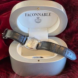 Faconnable Swiss Stainless Steel Dome Watch with Diamonds, Black Crocodile Strap